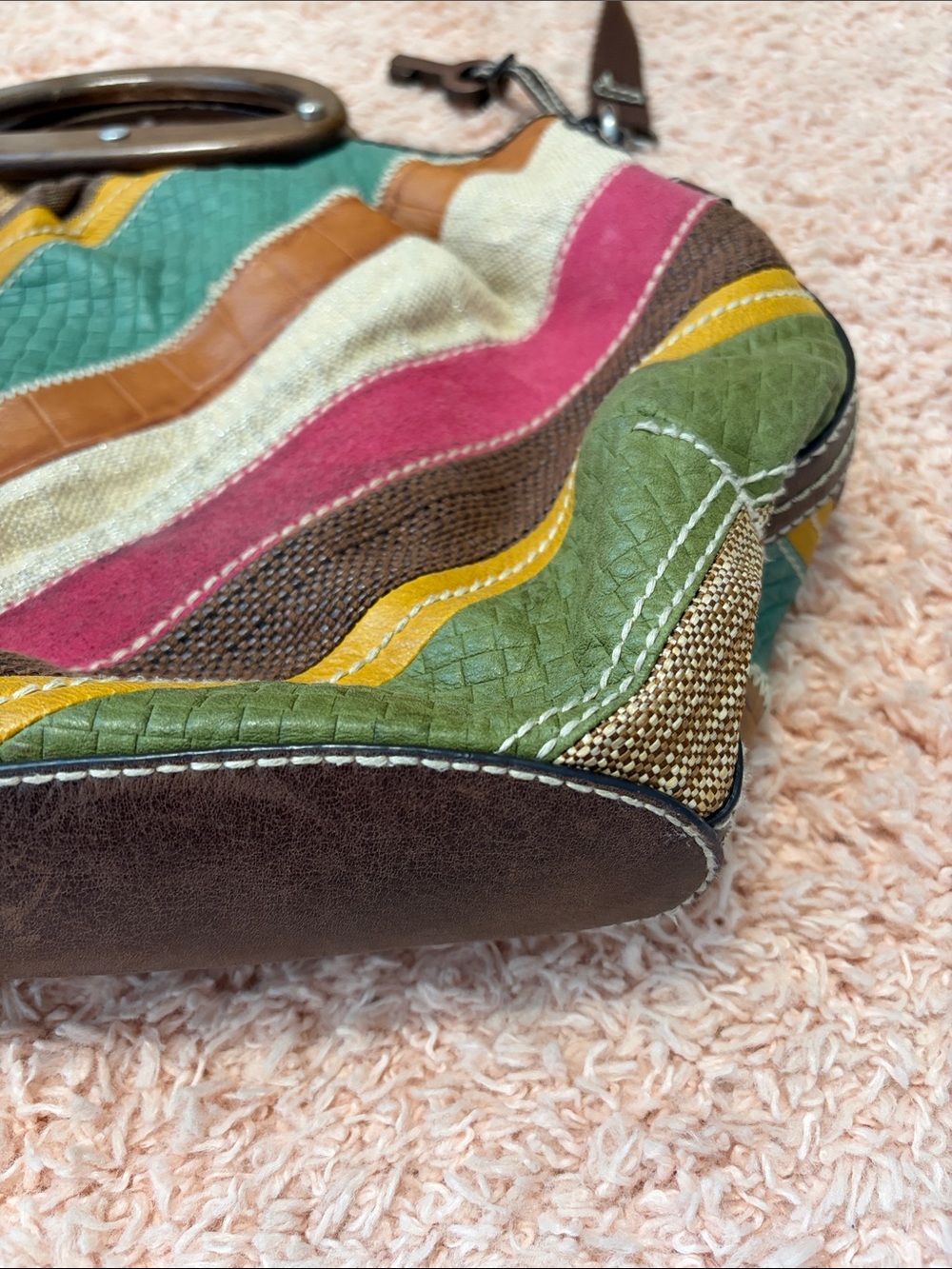 Fossil Kristy II patchwork hobo bag leather, suede, canvas wood handle crossbod - Picture 4 of 17